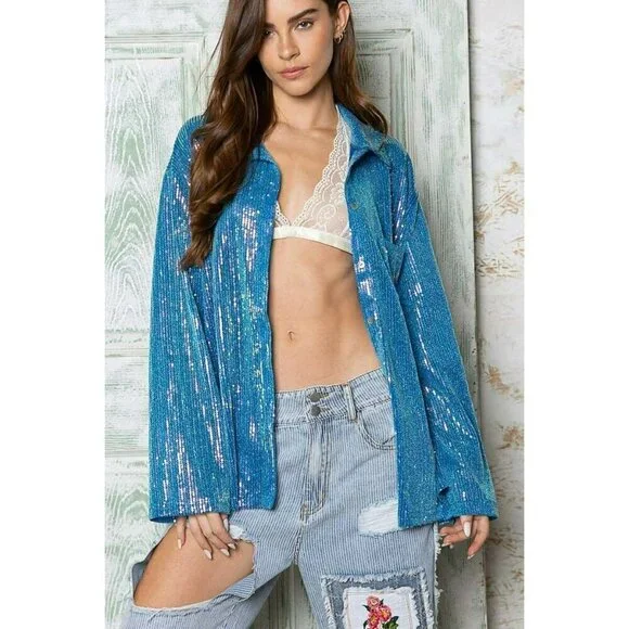 Life's a Party Sequin Button-Up Shirt in Ocean Blue - Picture 10 of 10